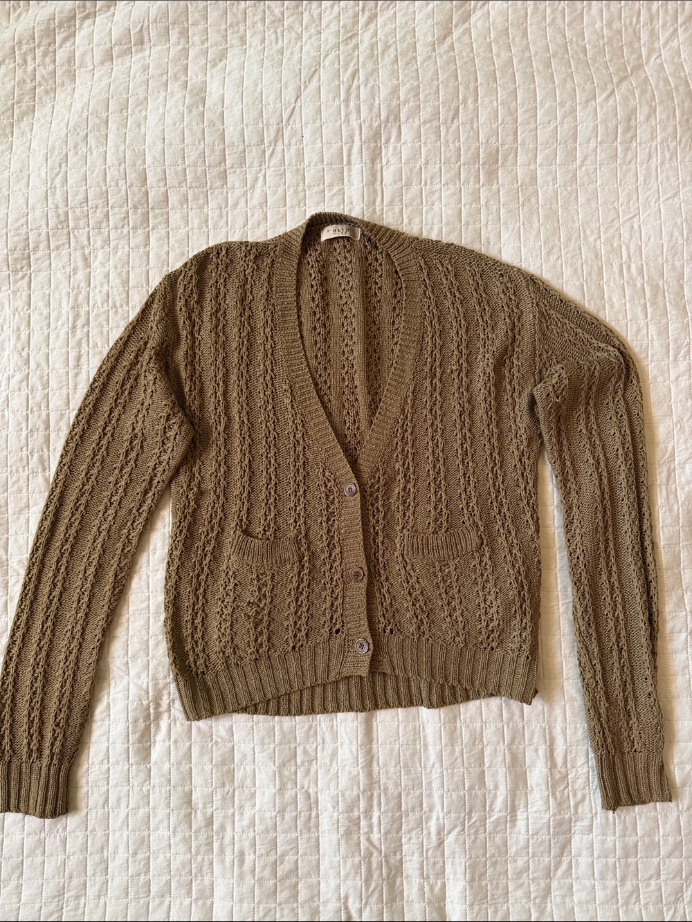 BLVD Olive Green Open-Knit Button Cardigan